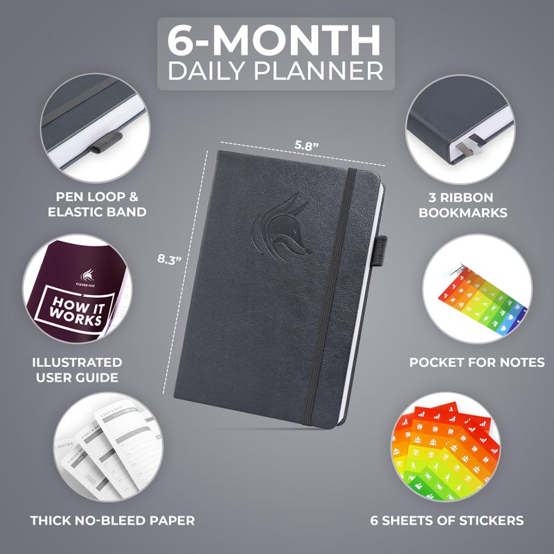 Clever Fox Daily Planner â€“ Undated Planning Notebook with Hourly Schedule & To-Do List â€“ Personal Day Task & Work Organizer, 6 Months (Silver Black) - Image 2